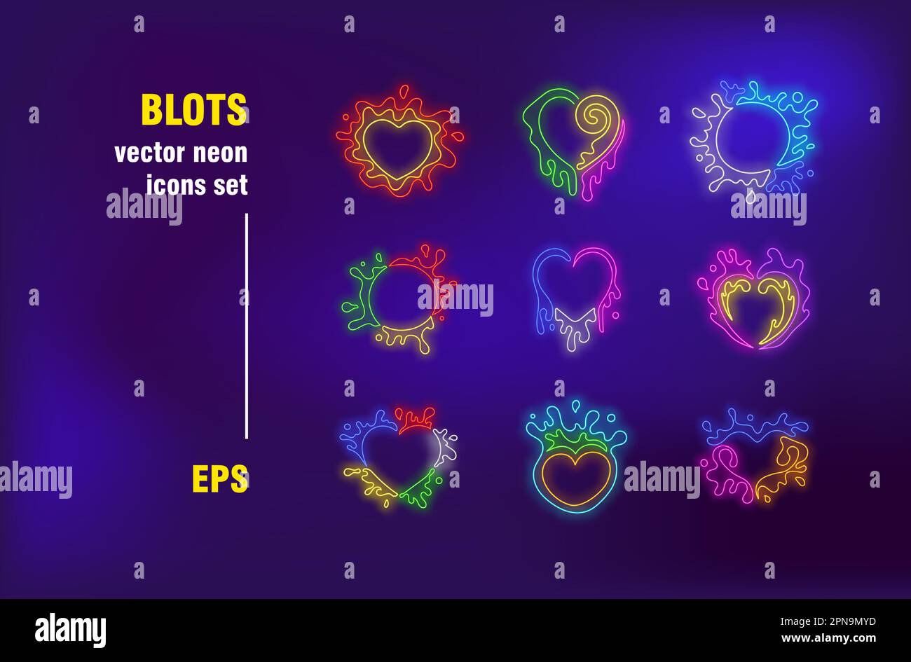 Heart blots set in neon style Stock Vector