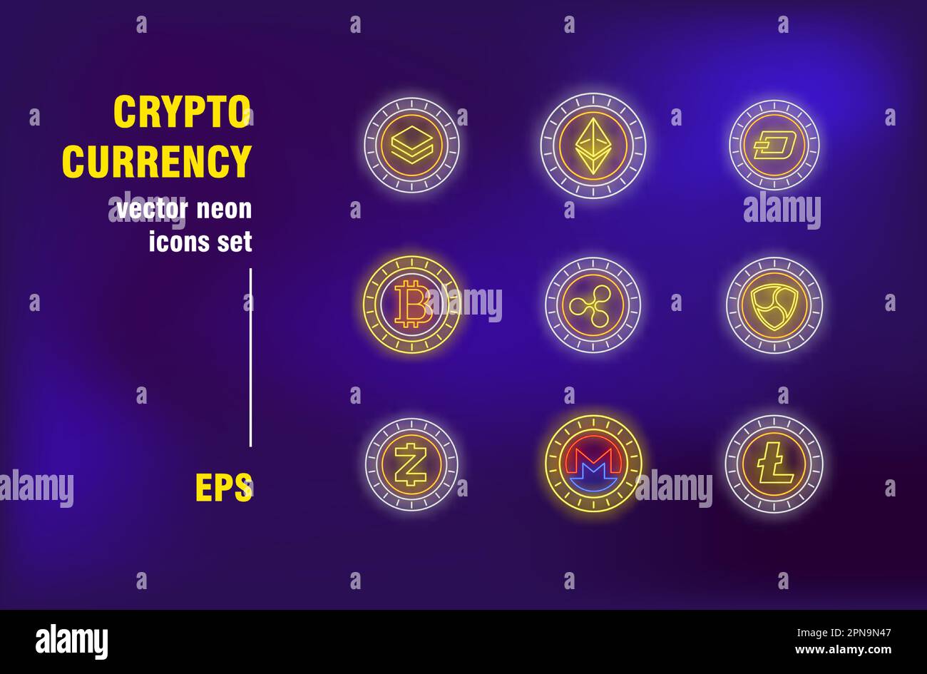 Crypto currency collection in neon style Stock Vector