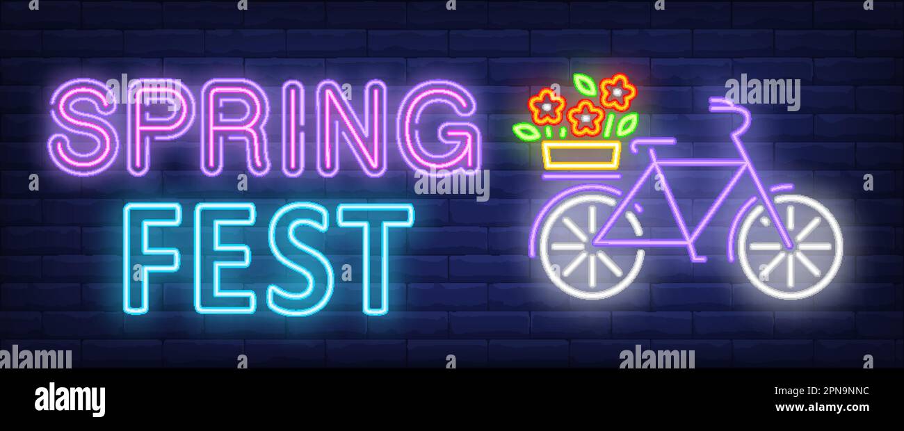 Spring fest neon text, bicycle with flowers on luggage carrier Stock ...