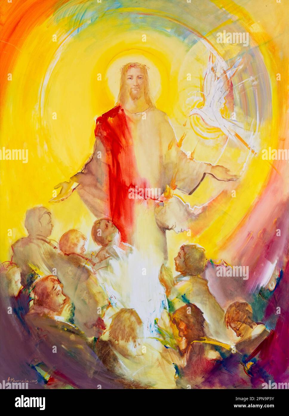 Painting of Christ in glory and Holy Spirit descending on apostles in form dove and fire tongues. Chapel in Majčino selo (Mother's village) Stock Photo