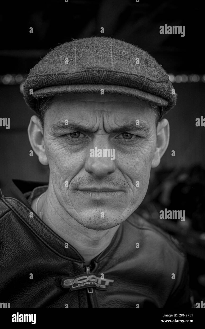 Portrait of british motorcycle racer at the Members' Meeting at Goodwood Motor Circuit in West Sussex,United Kingdom. Stock Photo