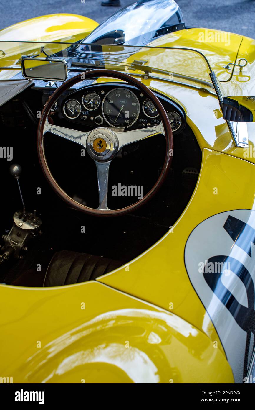 Rare Ferrari at Members' Meeting at Goodwood Motor Circuit in West Sussex,United Kingdom.Vintage Ferrari Steering wheel . Stock Photo