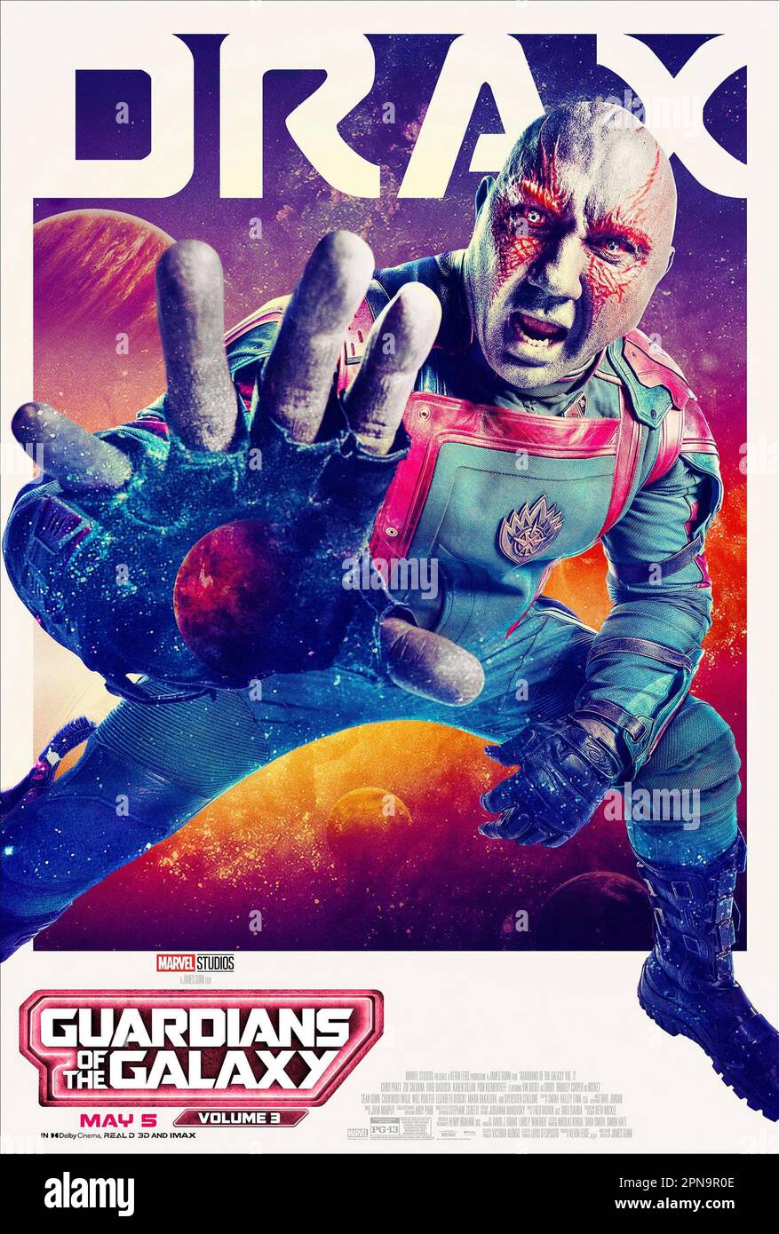 GUARDIANS OF THE GALAXY VOL. 3, US character poster, Dave Bautista as Drax, 2023. © Marvel / © Walt Disney Studios Motion Pictures / Courtesy Everett Collection Stock Photo