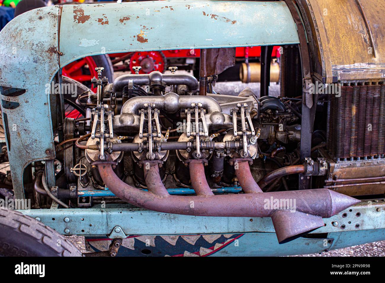 Close up of Pre War car engine at Members' Meeting at Goodwood Motor Circuit in West Sussex,United Kingdom. Stock Photo