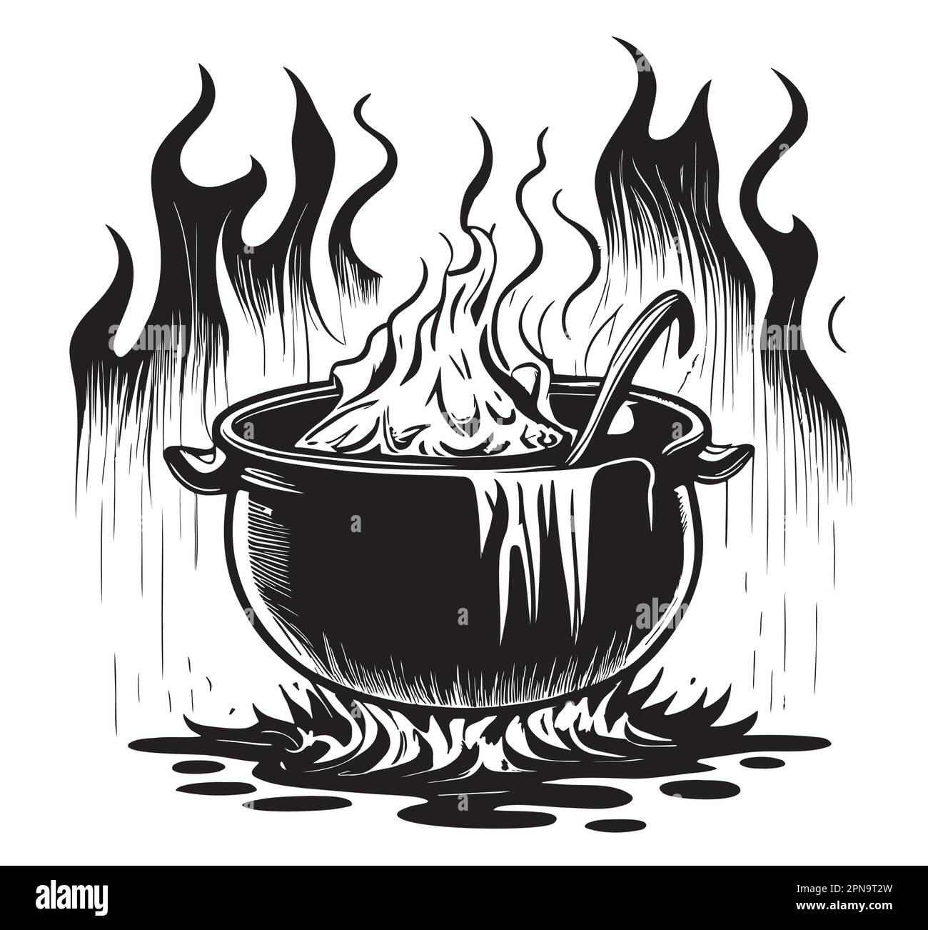 Witch cauldron on firein forest hand drawn sketch Halloween Vector illustration Stock Vector