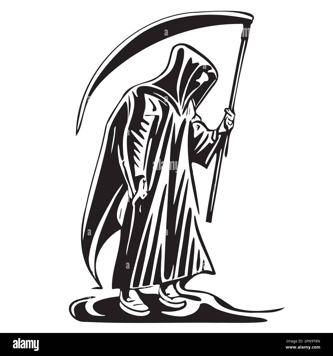 Death in a coat with a hand drawn scythe sketch Vector illustration Halloween cartoon Stock Vector