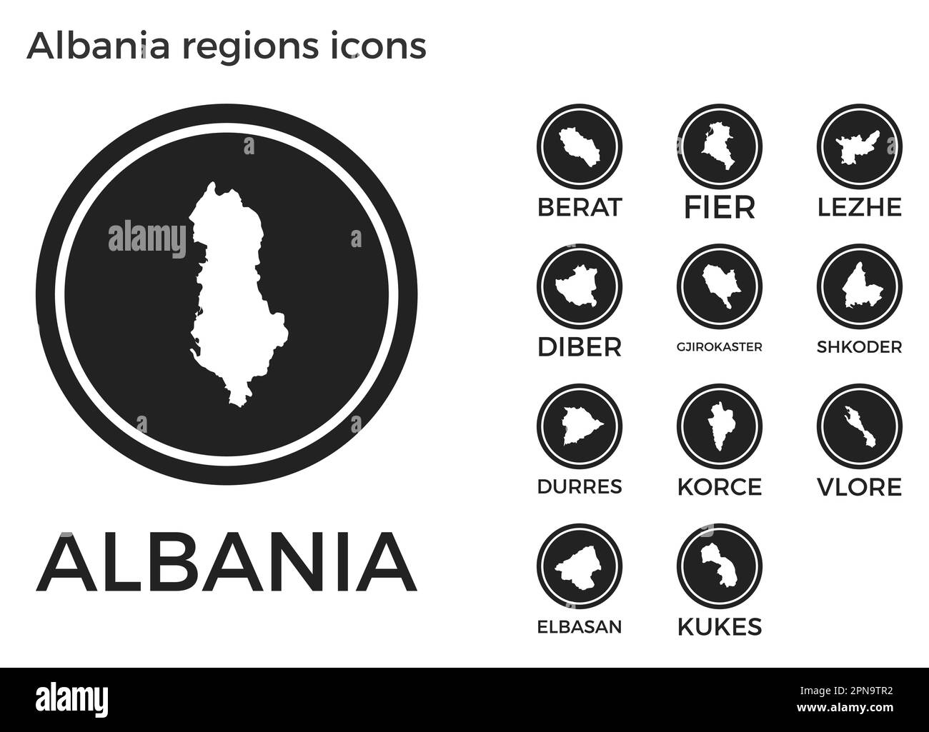 Albania regions icons. Black round logos with country regions maps and titles. Vector illustration. Stock Vector
