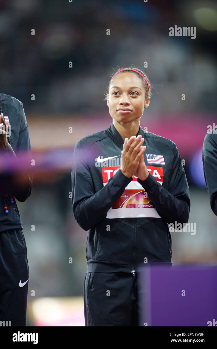 Allyson Felix collecting the medal at the London 2017 World Athletics ...