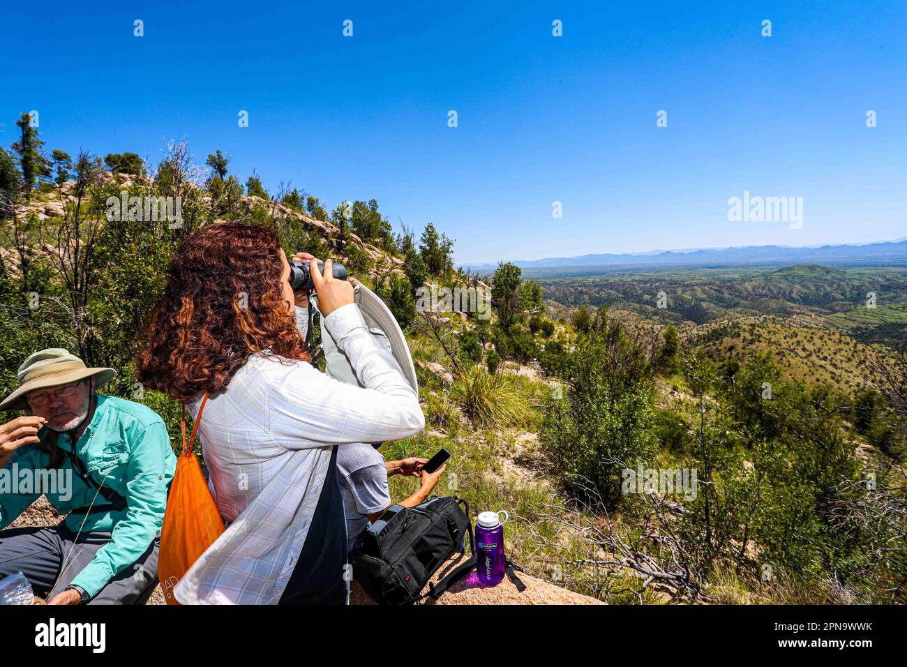 Cecilia Ochoa, a biologist, observes through vinoculars while the rest of the group rests on top of the hill. During the expedition, biologists and scientists from MEX and the USA from different disciplines of biological sciences and personnel from the AJOS-BAVISPE CONANP National Forest Reserve and Wildlife Refuge, in the Sierra Buenos Aires carry out the Madrean Diversity Expedition (MDE) in Sonora Mexico. Conservation , Nature (© Photo by Luis Gutierrez / Norte Photo)  Cecilia Ochoa biologa, observa con vinoculares mientras el resto del grupo descansa en la cima del cerro. Durante expeditio Stock Photo