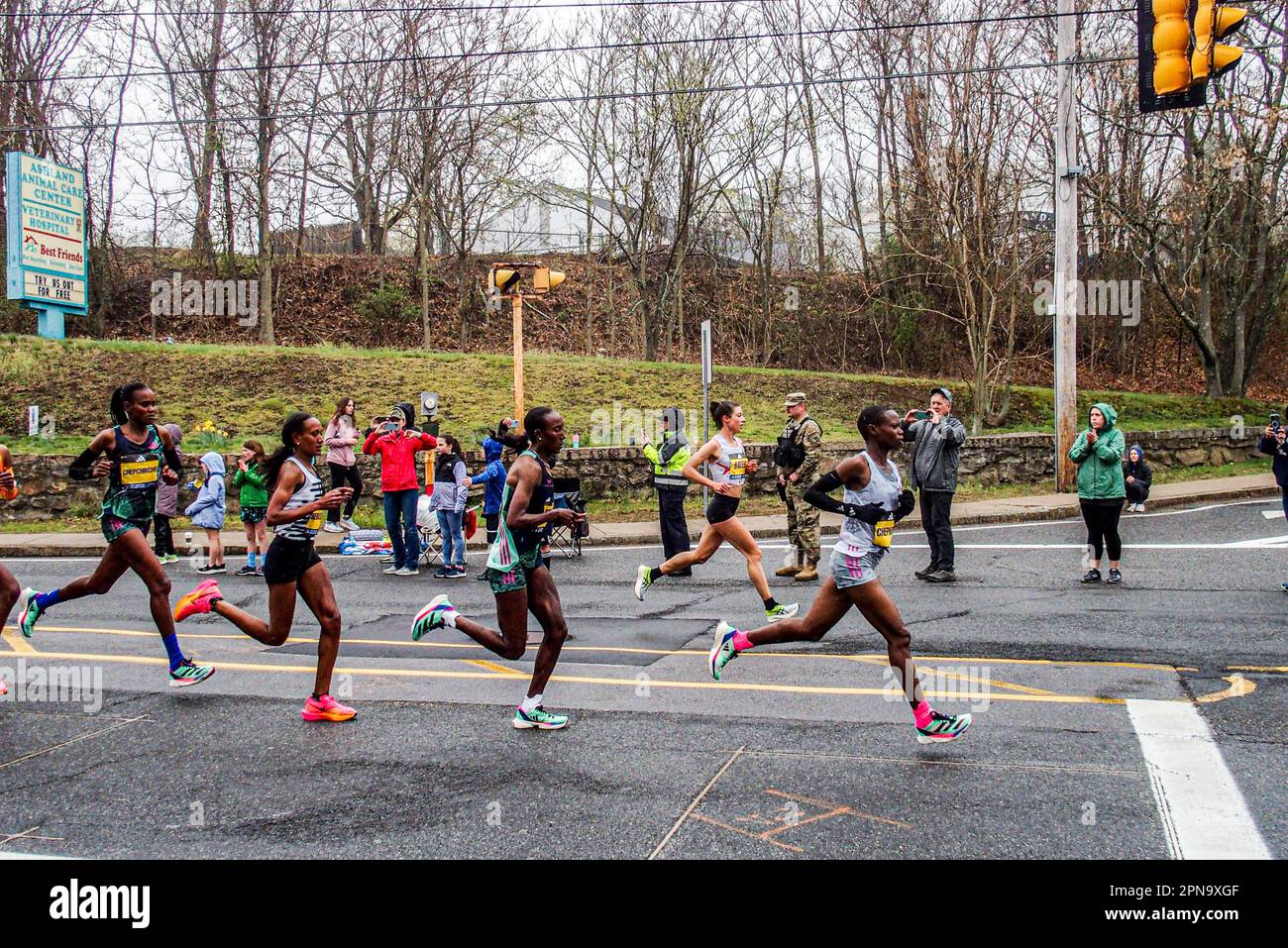 Boston, Massachusetts, USA. 17th Apr, 2023. The elite female division of the Boston Marathon pass through the 4th mile mark in Ashland, Massachussetts. AMANE BERISO (3rd from front) won second place in the race. (Credit Image: © Bianca Otero/ZUMA Press Wire) EDITORIAL USAGE ONLY! Not for Commercial USAGE! Credit: ZUMA Press, Inc./Alamy Live News Stock Photo