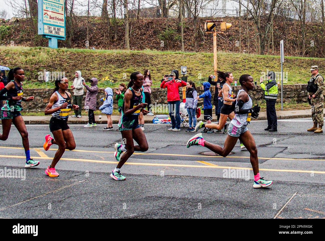 Boston, Massachusetts, USA. 17th Apr, 2023. The elite female division of the Boston Marathon pass through the 4th mile mark in Ashland, Massachussetts. AMANE BERISO (2ND from front) won second place in the race. (Credit Image: © Bianca Otero/ZUMA Press Wire) EDITORIAL USAGE ONLY! Not for Commercial USAGE! Credit: ZUMA Press, Inc./Alamy Live News Stock Photo