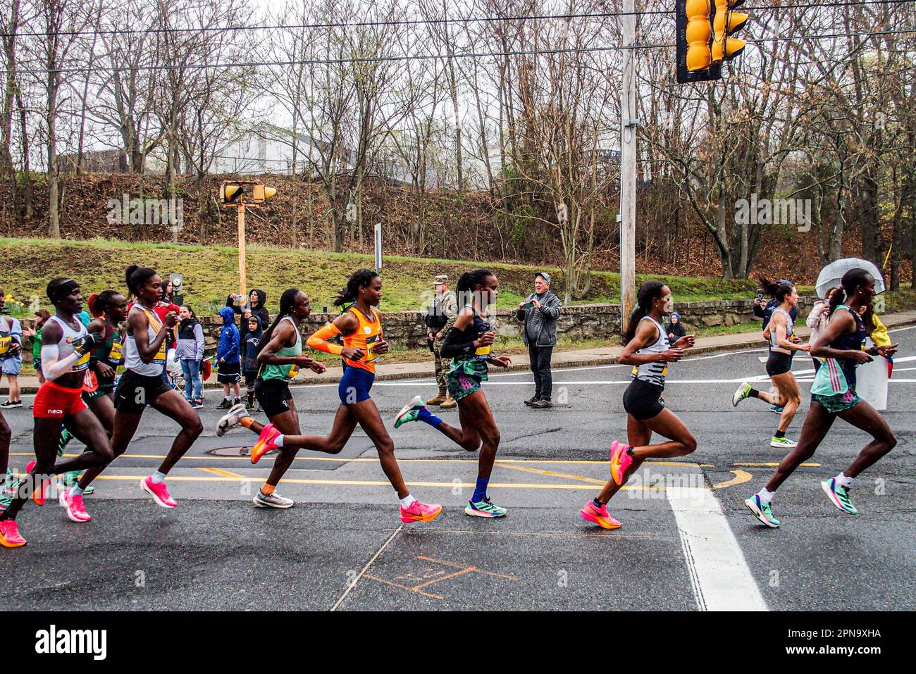 Boston, Massachusetts, USA. 17th Apr, 2023. The elite female division of the Boston Marathon pass through the 4th mile mark in Ashland, Massachussetts. HELLEN OBIRI (6TH from R) won first place while AMANE BERISO (1st from R) won second place in the race. (Credit Image: © Bianca Otero/ZUMA Press Wire) EDITORIAL USAGE ONLY! Not for Commercial USAGE! Credit: ZUMA Press, Inc./Alamy Live News Stock Photo