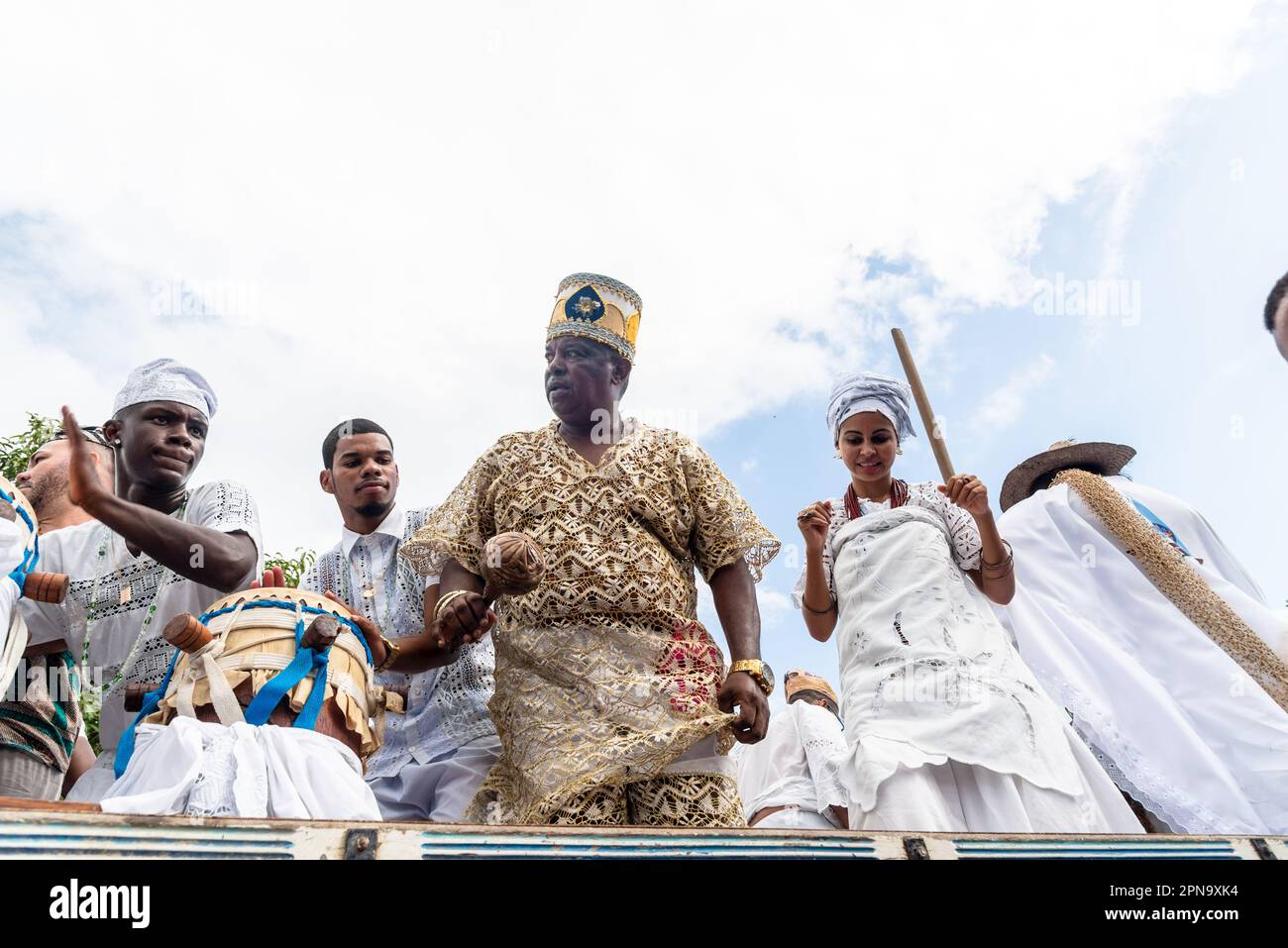 Santo Amaro, Bahia, Brazil - May 15, 2022: Candomble members are seen playing and singing during the Bembe do Mercado religious festivities in Santo A Stock Photo