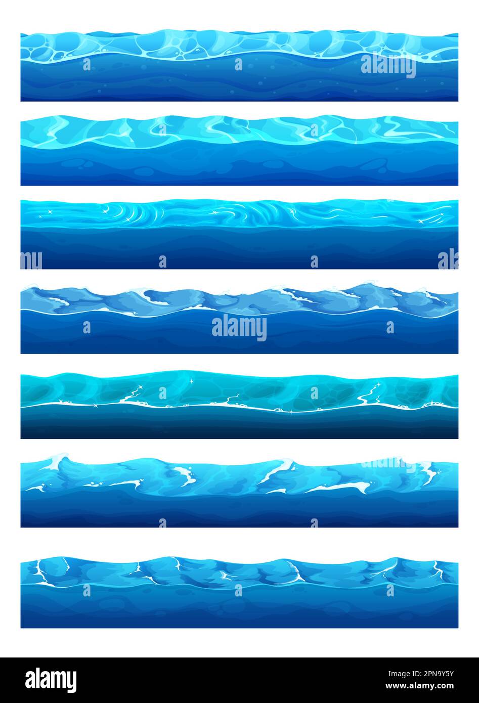 Cartoon game water surface with river, ocean or sea and lake waves, vector backgrounds. Marine game UI blue water waves pattern for level platform wit Stock Vector