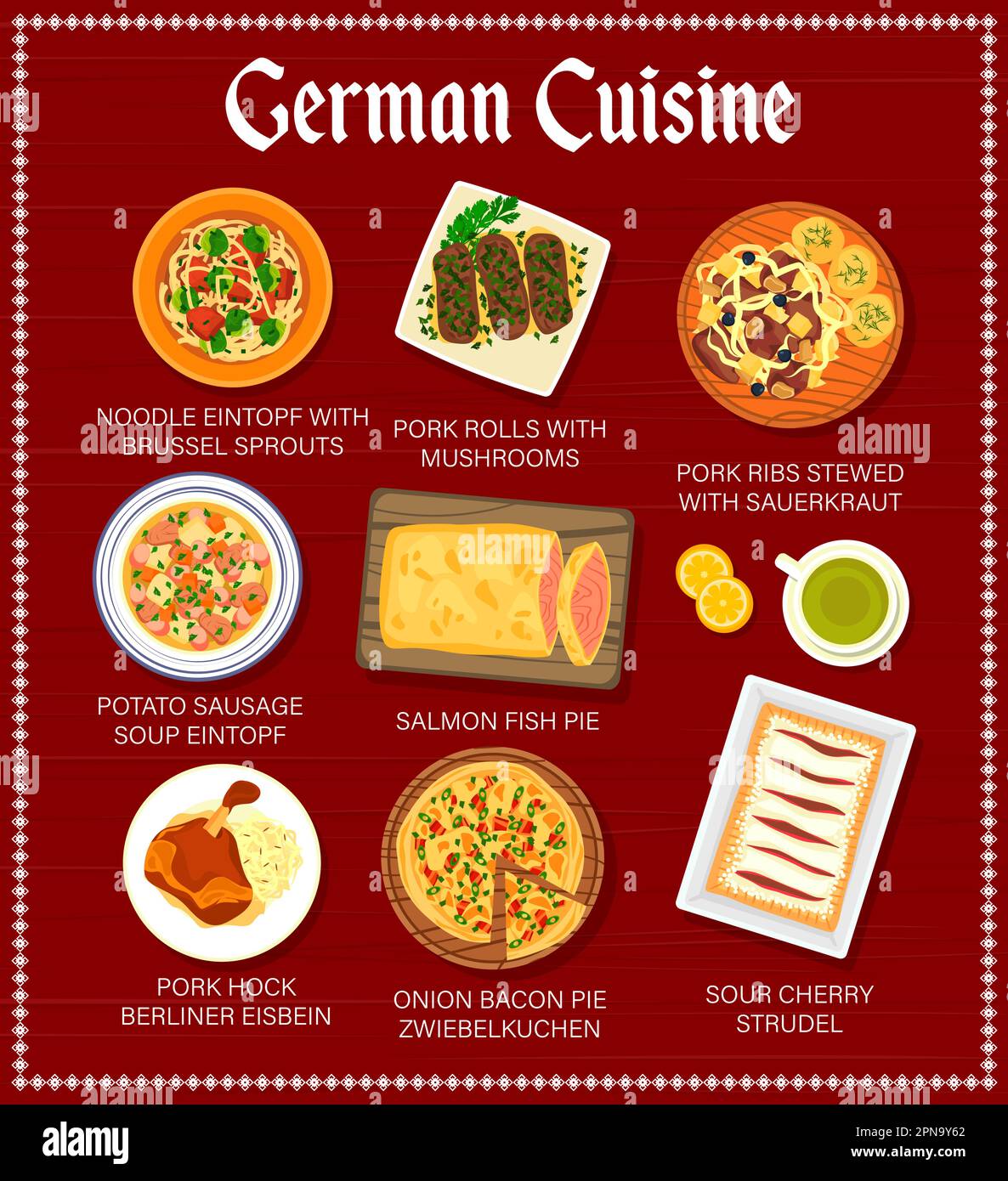 German cuisine menu page template. Noodles with brussel sprouts, pie Zwiebelkuchen and Berliner