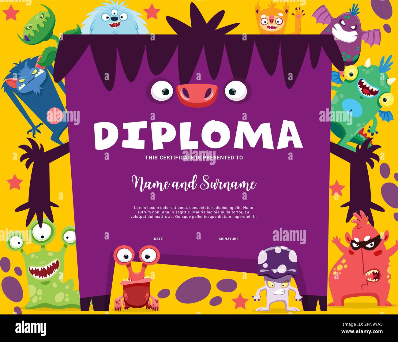 Kids diploma, cartoon funny monster characters and cute space alien personages. Vector education certificate, award or diploma with background frame o Stock Vector