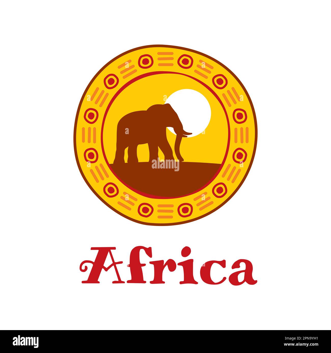 Africa icon. Elephant silhouette on sunset. African continent travel, Tanzania nature national park or Kenya tourism journey vector emblem, Nigeria wi Stock Vector