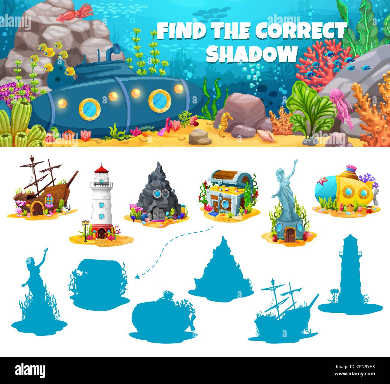 Find the correct shadow of underwater fairytale house buildings. Kids
