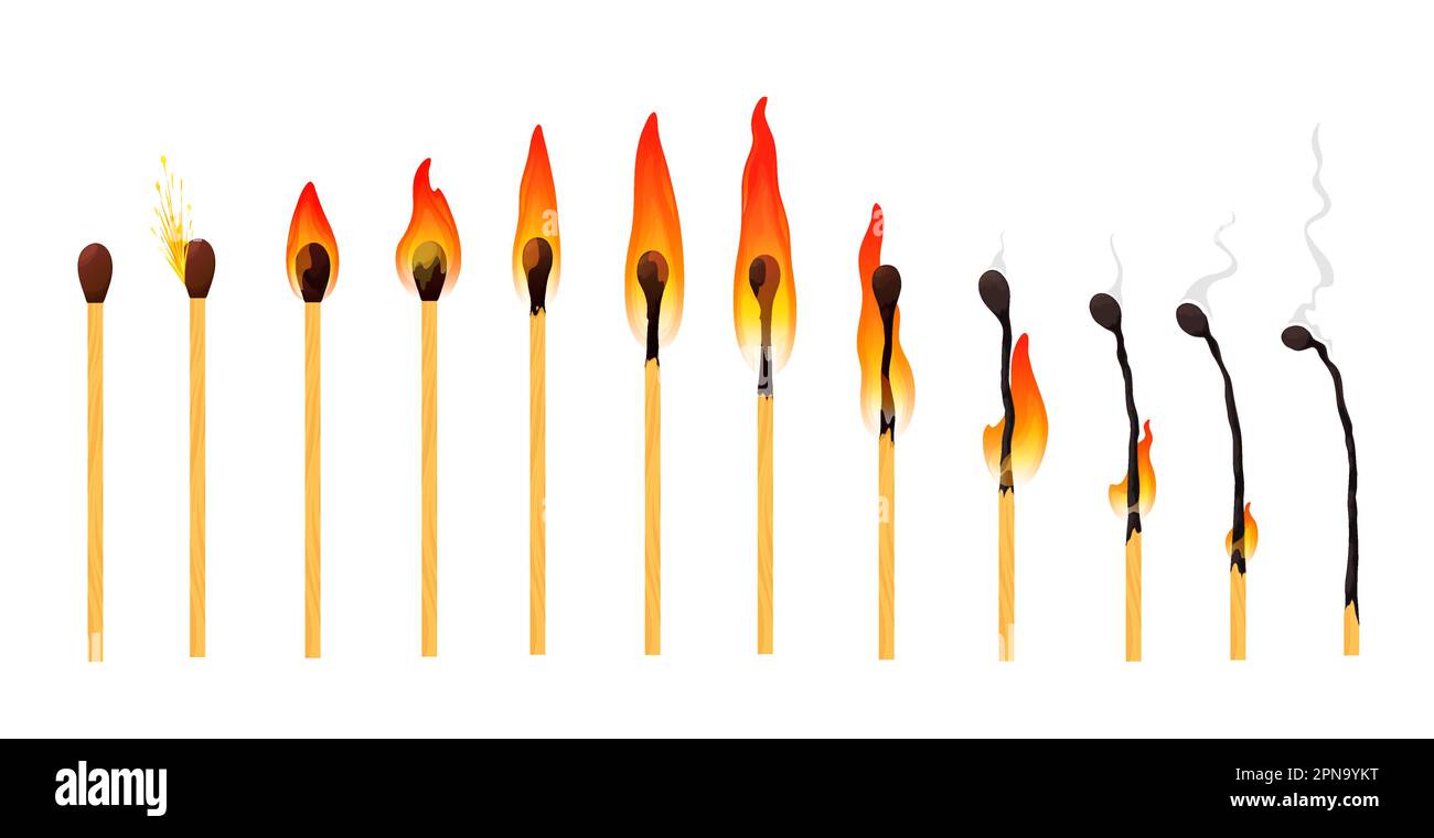 Burning match animation with fire flame burn sequence, vector cartoon