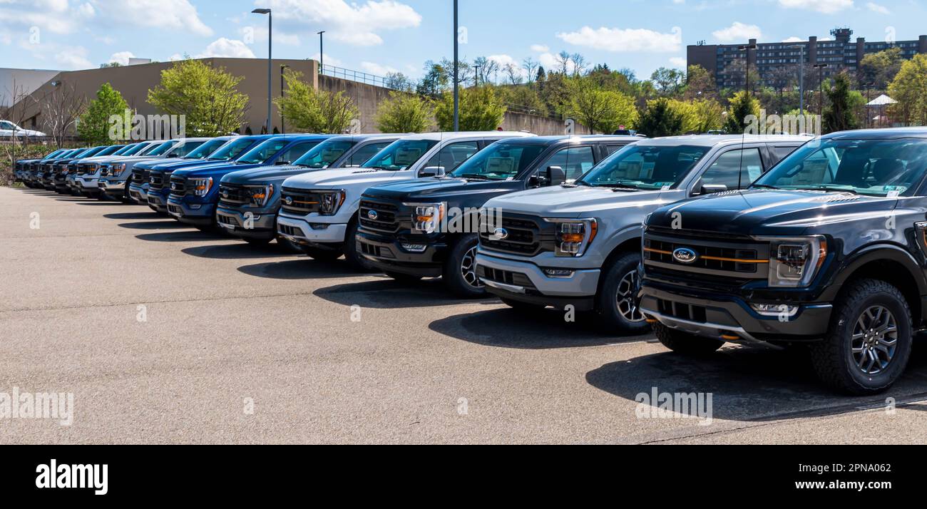 A line of new Ford F150 pickup trucks for sale at a dealership in