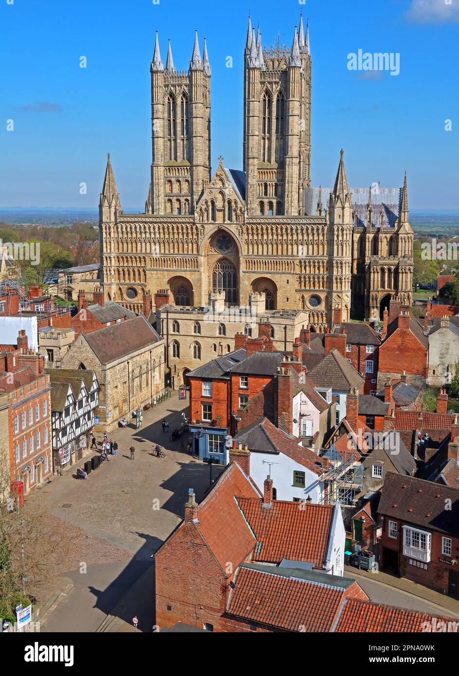 Lincoln cathedral towers, church of the Blessed Virgin Mary of Lincoln, 2 Exchequer Gate, Lincoln city centre, Lincolnshire, England, UK, LN2 1PZ Stock Photo