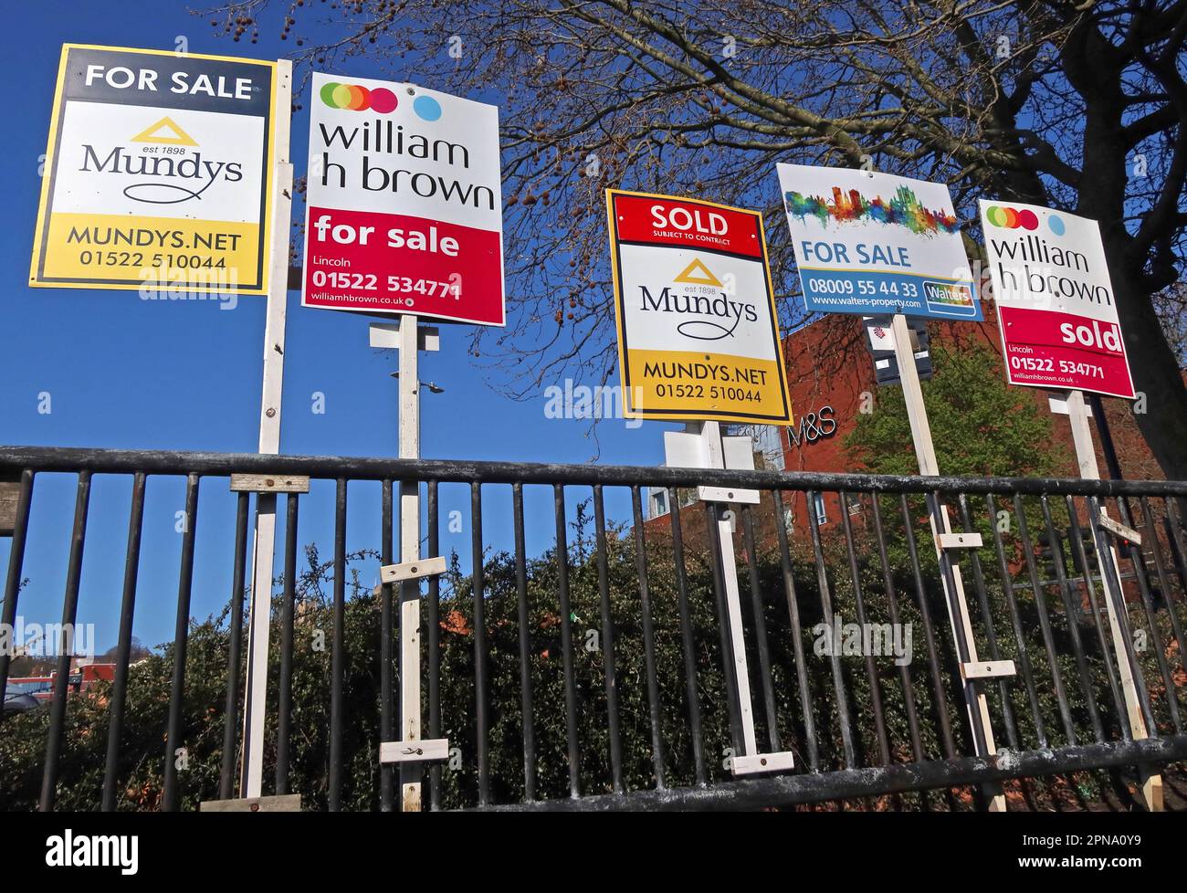 Estate Agent Signs, Lincoln city centre, For Sale, Sold from Mundys, William H Brown, Walters Property, Lincolnshire, England, UK, LN5 7AY Stock Photo