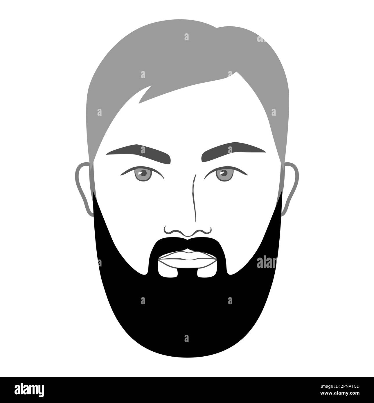 Full Beard medium length style men in face illustration Facial hair mustache. Vector grey black portrait male Fashion template flat collection. Stylish hairstyle isolated outline on white background. Stock Vector