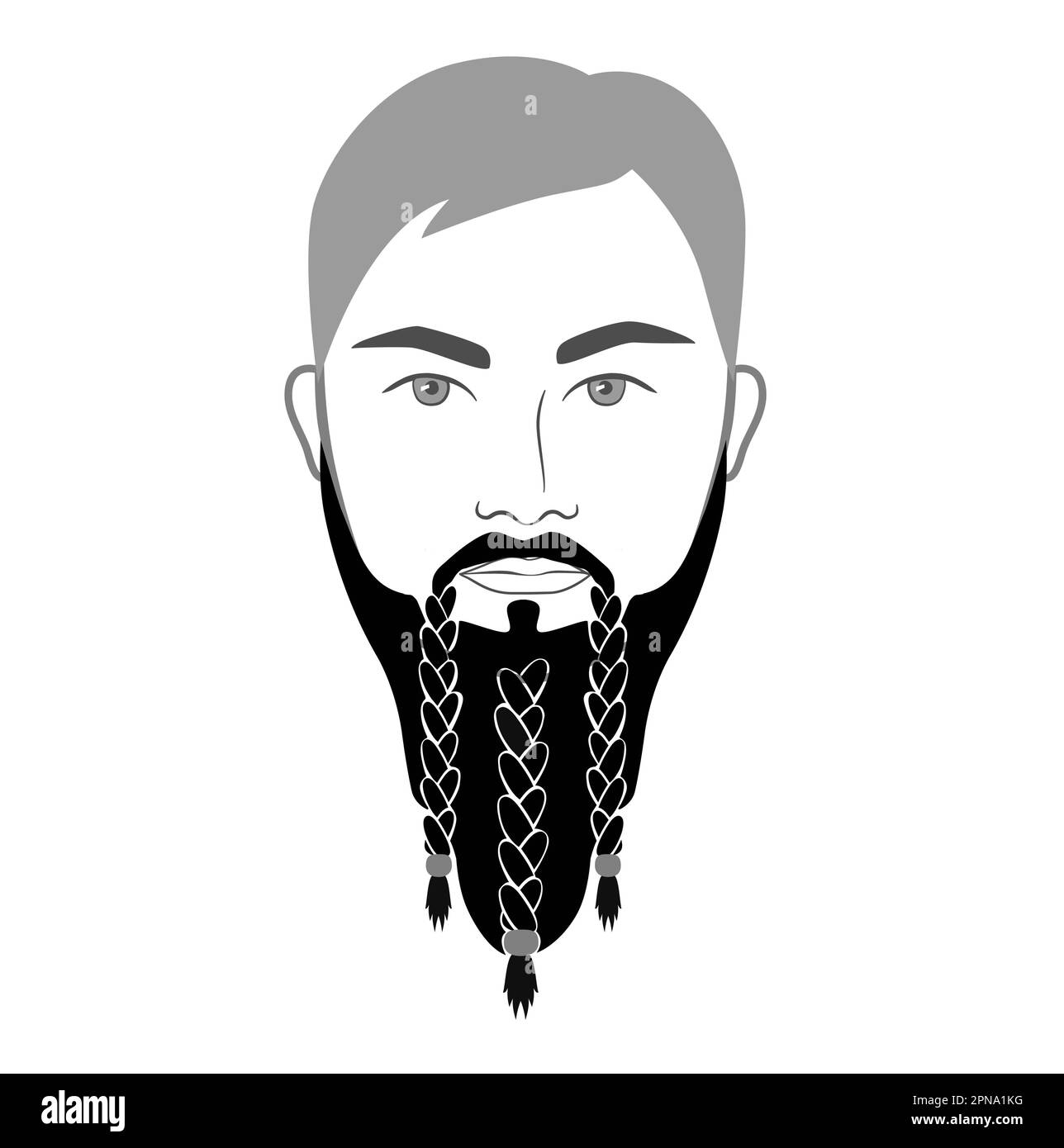 Viking Beard men braided or styled with beads, in face illustration Facial hair mustache. Vector grey black portrait male Fashion template flat barber. Stylish hairstyle isolated outline on white Stock Vector