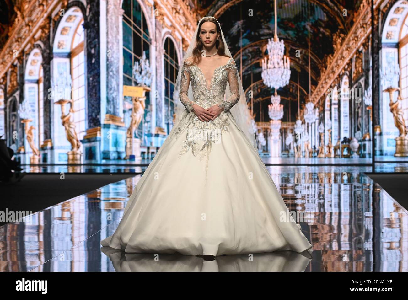 Milan, Italy. 16th Apr, 2023. SI SPOSAITALIA Collezioni 2023, Bridal Week at Fieramilano City in Milan, Italy on April 16 2023. Presentation of wedding dresses and ceremony. In the photo: Amelia Casablanca fashion show. (Photo by Laura Villani/Sipa USA) Credit: Sipa USA/Alamy Live News Stock Photo