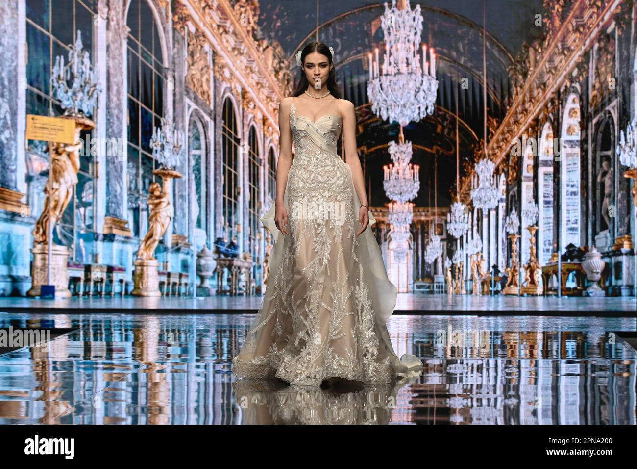Milan, Italy. 16th Apr, 2023. SI SPOSAITALIA Collezioni 2023, Bridal Week at Fieramilano City in Milan, Italy on April 16 2023. Presentation of wedding dresses and ceremony. In the photo: Amelia Casablanca fashion show. (Photo by Laura Villani/Sipa USA) Credit: Sipa USA/Alamy Live News Stock Photo