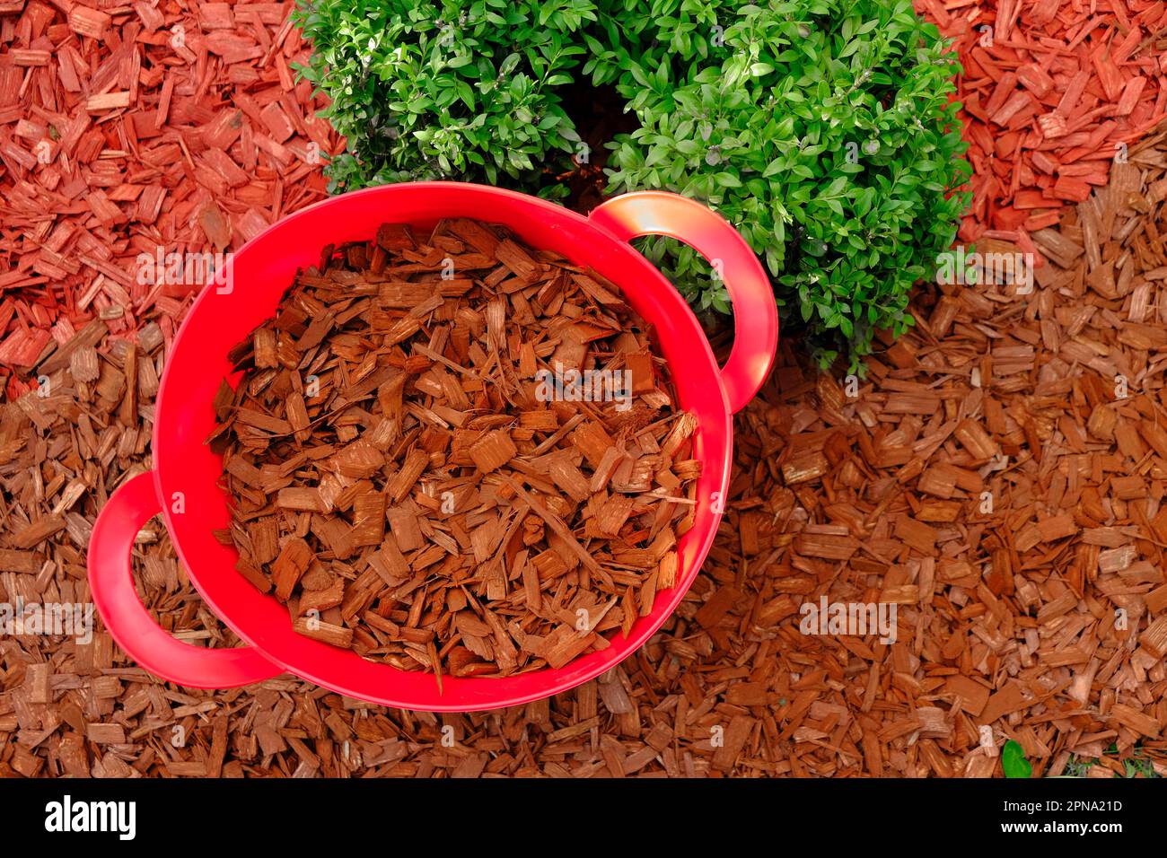Mulching soil cover made of natural materials.Decorative chips garden