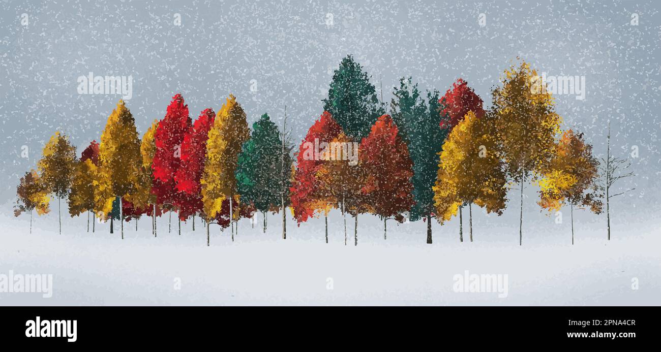 An early autumn snow falls on colorful autumn trees in a vector illustration. Stock Vector