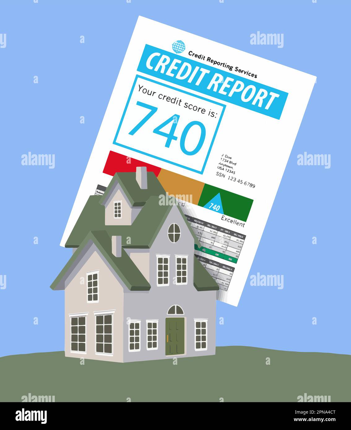 A credit report is seen with a two story home in a vector illustration about the importance of a credit score for securing a mortgage in a vector. Stock Vector