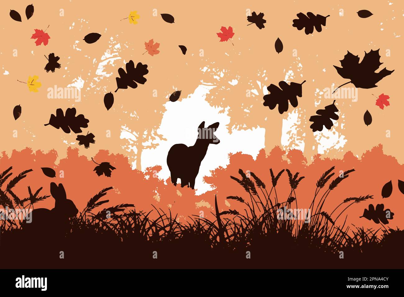 A deer is seen in autumn with falling leaves, trees, grasses and a rabbit in a vector graphic design. Stock Vector