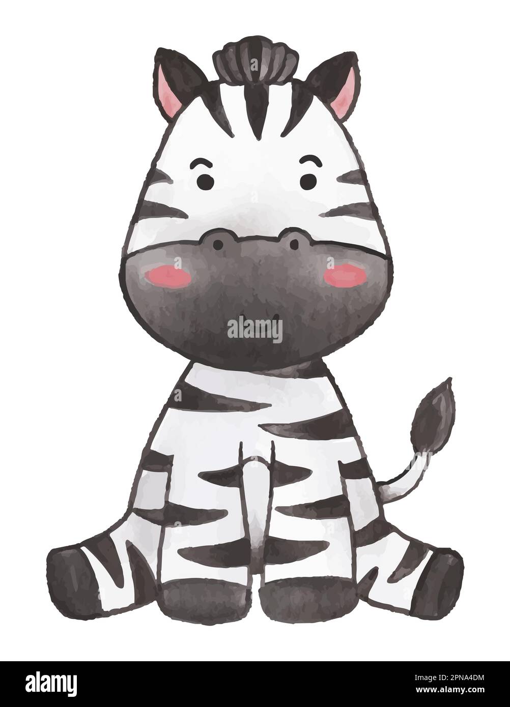 Zebra . Watercolor paint design . Cute animal cartoon character . Sitting position . Vector . Stock Vector
