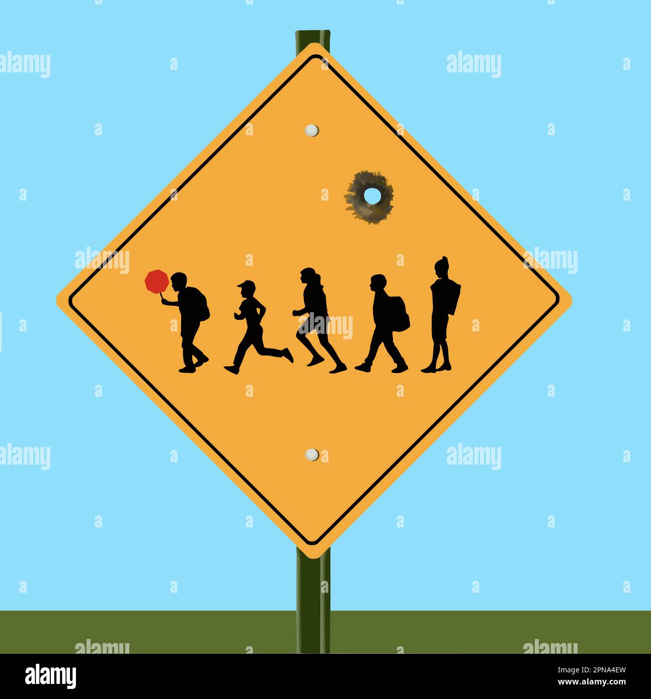 A road sign show at a school crosswalk has a bullet hole in it in a vector illustration about school shootings. This is a vector image. Stock Vector