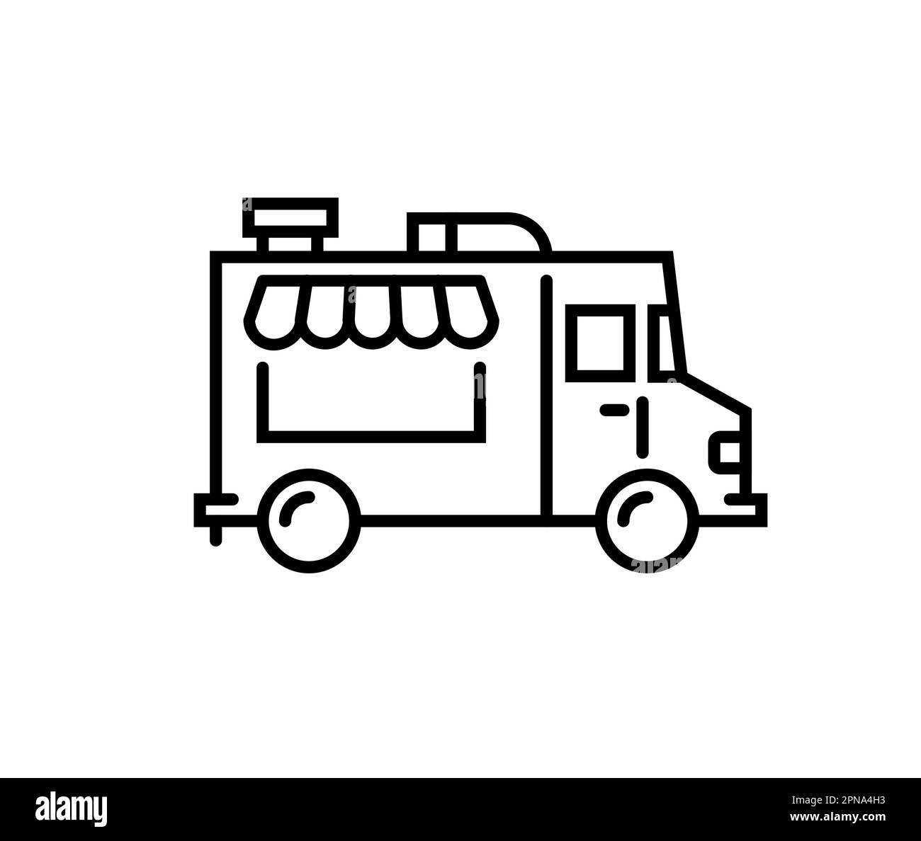 Food truck logo line icon. Vector foodtruck kitchen street van design icon. Stock Vector