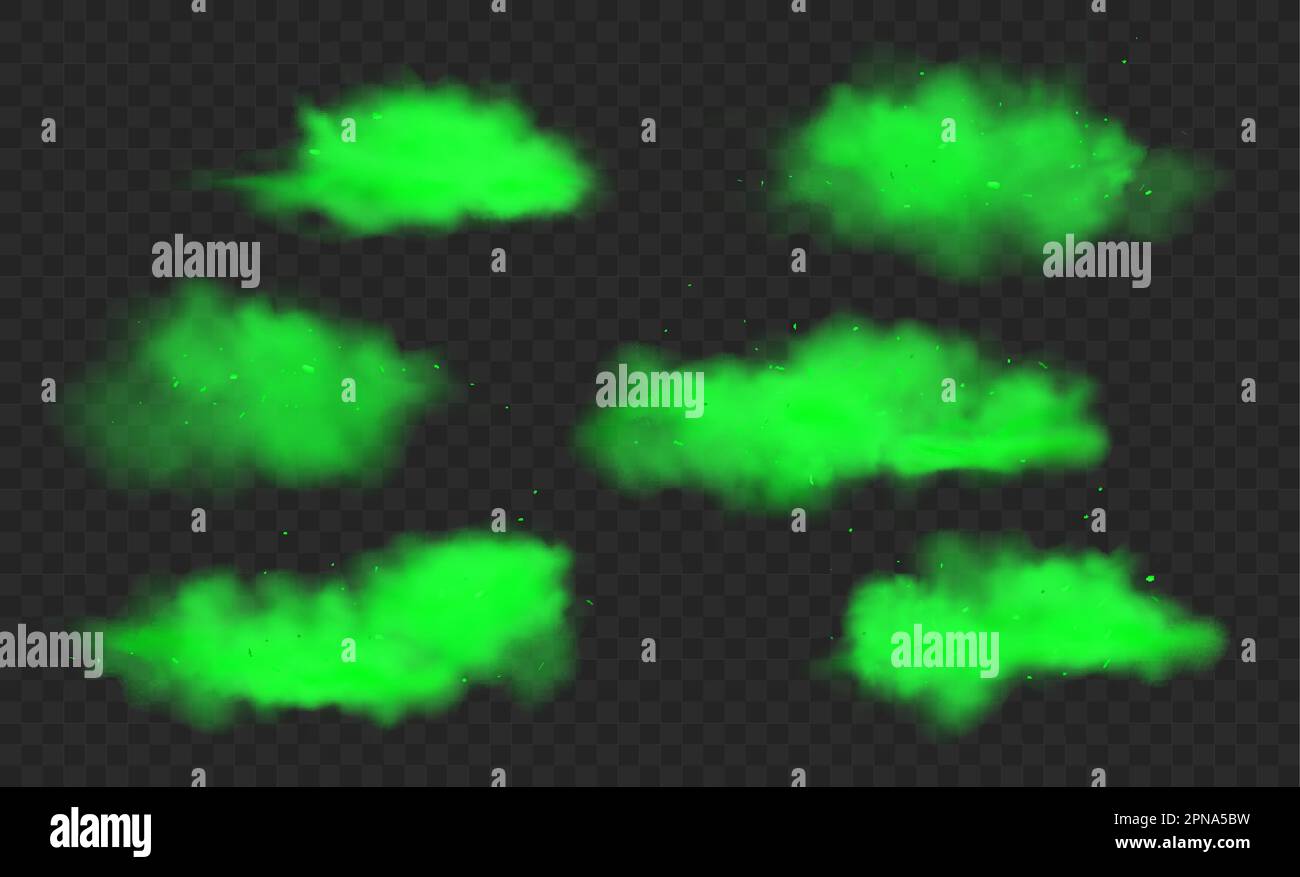 Green smoke effect vector explosion isolated nebula. Green smoke cloudy gas dust fog Stock