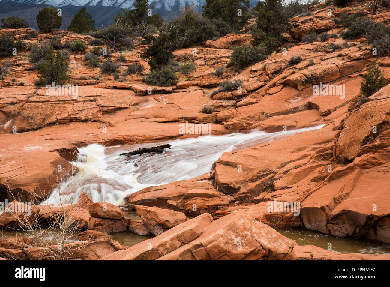 Gunlock Falls in the desert of southern Utah, USA.  These falls only appear during rare heavy rainfall in this harsh desert climate. Stock Photo