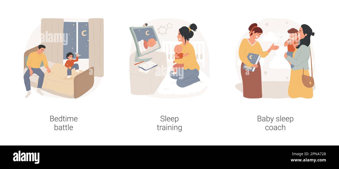 Sleep training isolated cartoon vector illustration set. Bedtime battle