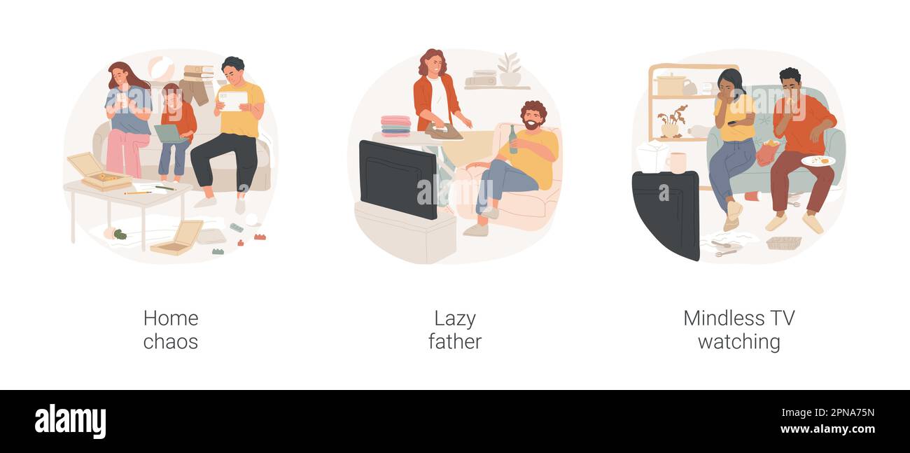 Family bad habits isolated cartoon vector illustration set. Family members overusing gadgets, chaos in living room, lazy father lying on the couch, family mindless TV watching vector cartoon. Stock Vector