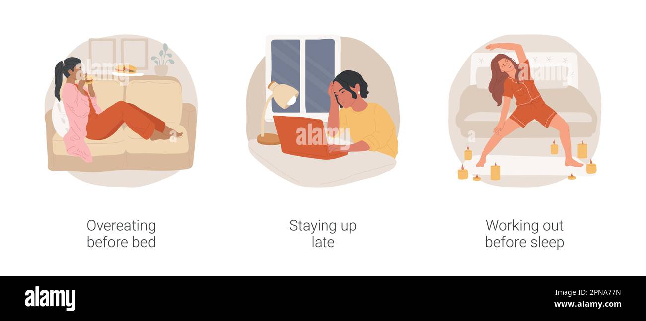 Bad habits before sleep isolated cartoon vector illustration set