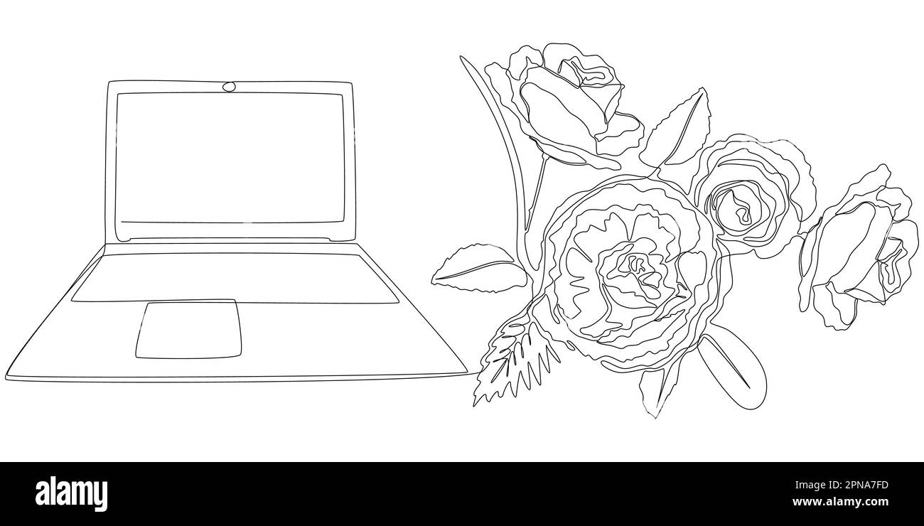 One continuous line of Laptop with rose. Thin Line Illustration vector concept. Contour Drawing Creative ideas. Stock Vector