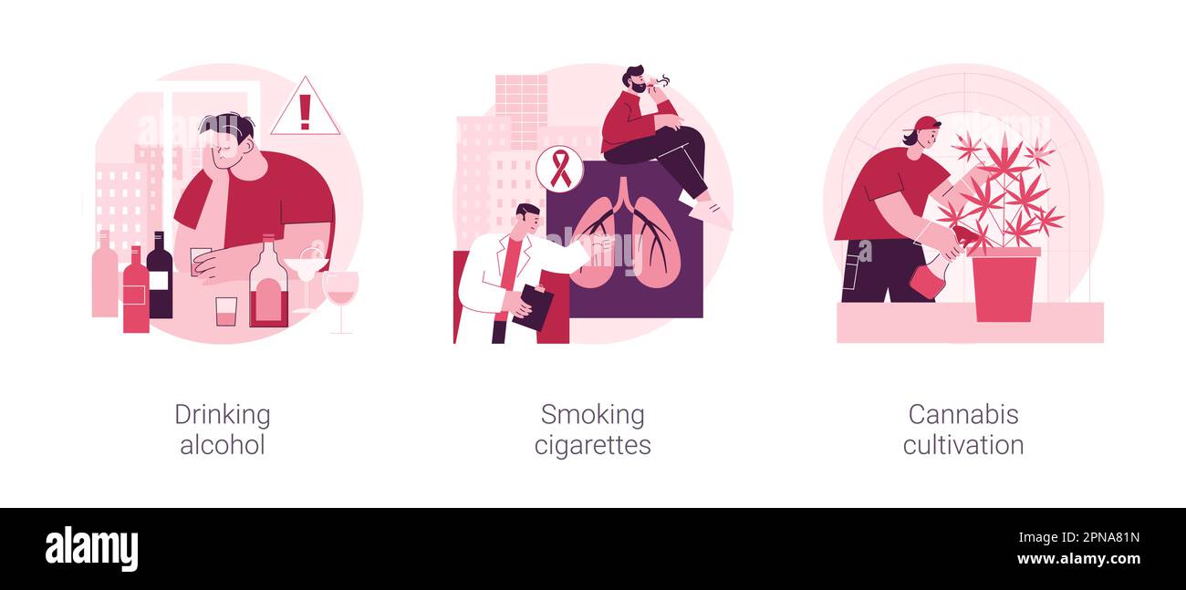 Unhealthy habits abstract concept vector illustration set. Drinking