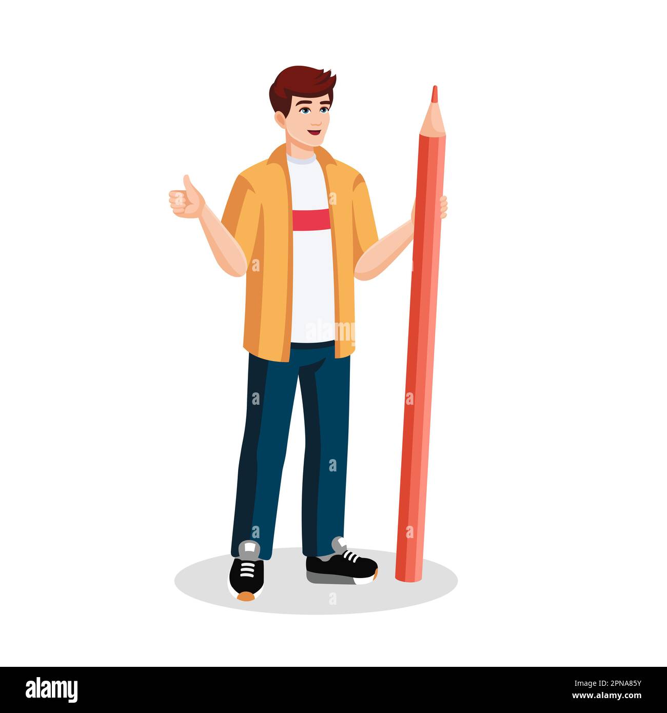 Flat student standing with pencil. Boy with huge pencil showing thumb up. Cartoon character. Vector illustration Stock Vector