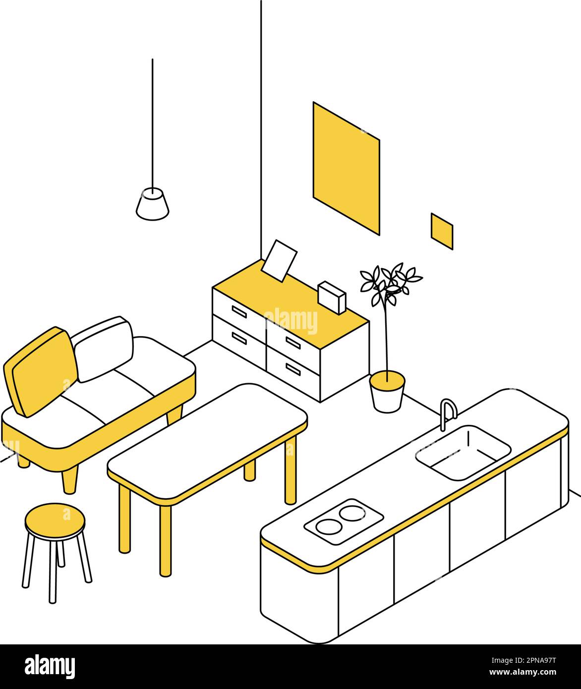 Room for rent Dining room, simple isometric with island kitchen and