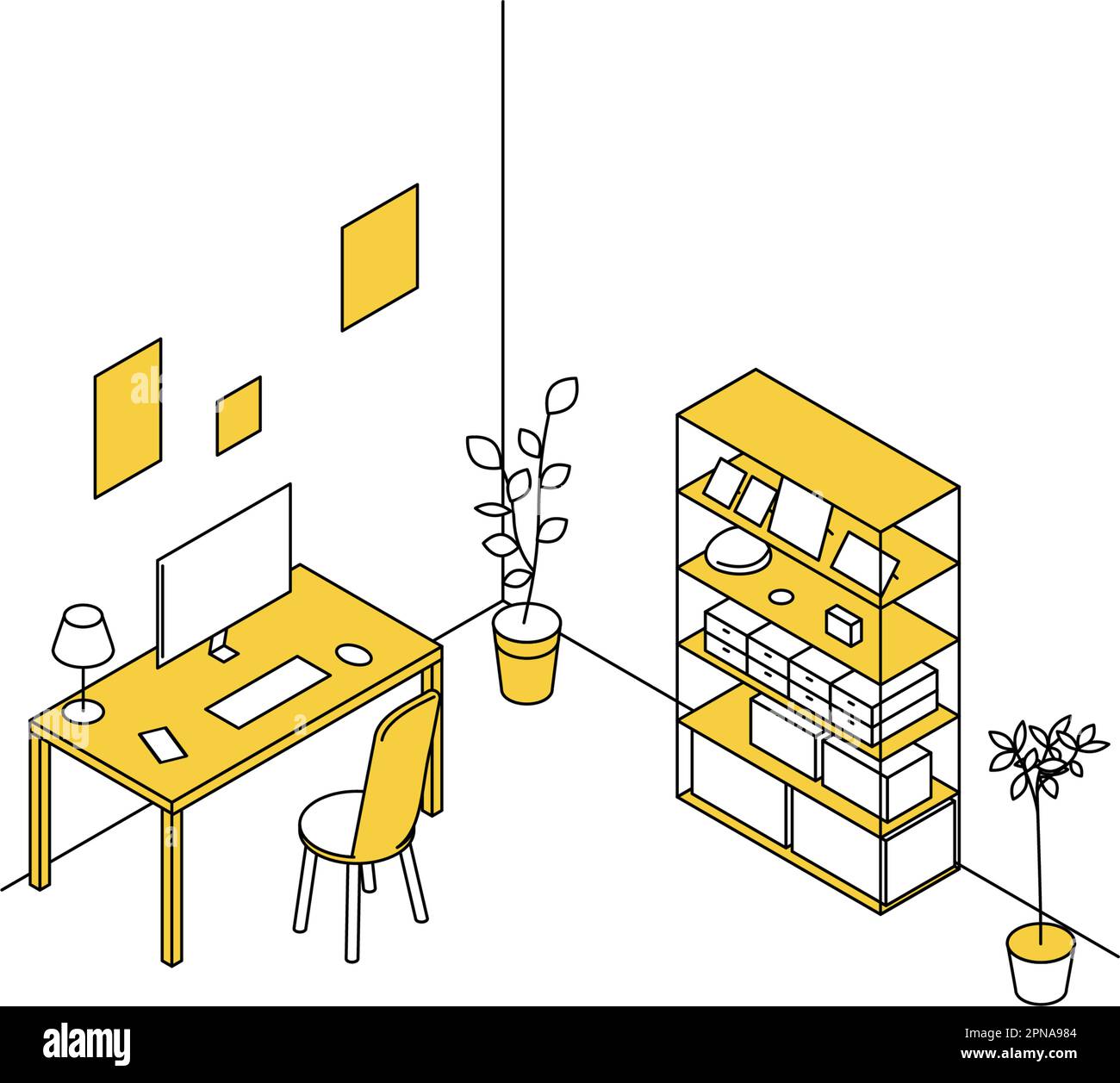Room for rent simple isometric of study, work desk and bookshelf