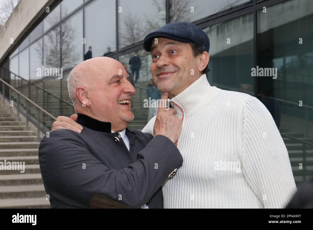 Munich, Germany . 17th Apr, 2023. Munich, Germany, 17. April 2023; Dr. Axel MUNZ and Michel Guillaume, (R)actor, Schauspieler, seen during the VIP Opening at the DISNEY 100 Exhibition entertainment event held at the small Olympia hall in Munich Germany on 17. April 2023. picture and copyright Arthur THILL/ATP images (THILL Arthur/ATP/SPP) Credit: SPP Sport Press Photo. /Alamy Live News Stock Photo