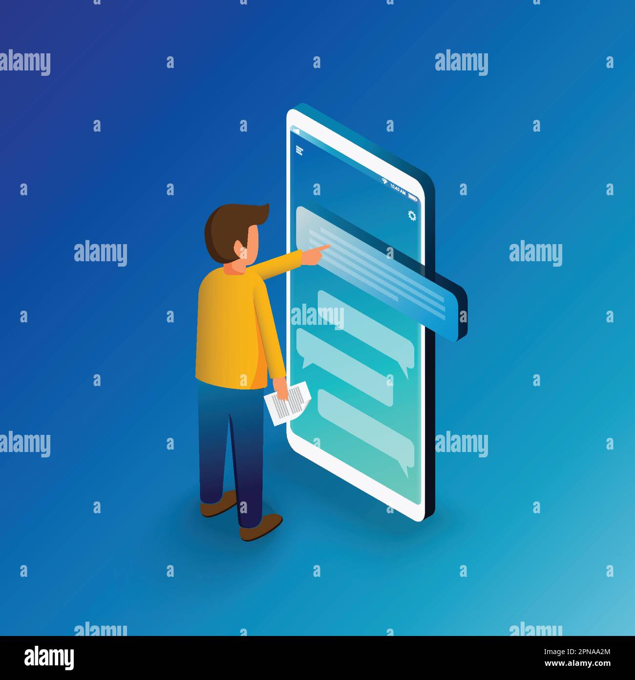Isometric man typing on mobile smartphone. Sms messages chat and Speech bubbles.  Flat vector illustration. Stock Vector