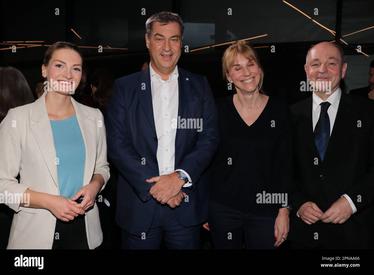 Munich, Germany, 17. April 2023; Judith GERLACH, Minister of State for digital development and Dr. Markus SOEDER, SÖDER, Bayerischer Ministerpräsident, German politician serving as Minister-President of Bavaria since 2018 and Leader of the Christian Social Union in Bavaria (CSU), Johanna PFEIFFER, Vice President of the Walt Disney Company Germany and Dieter SEMMELMANN, CEO of SEMMEL Exhibitions (L-R) seen during the VIP Opening at the DISNEY 100 Exhibition entertainment event held at the small Olympia hall in Munich Germany on 17. April 2023. picture and copyright Arthur THILL/ATP images (T Stock Photo